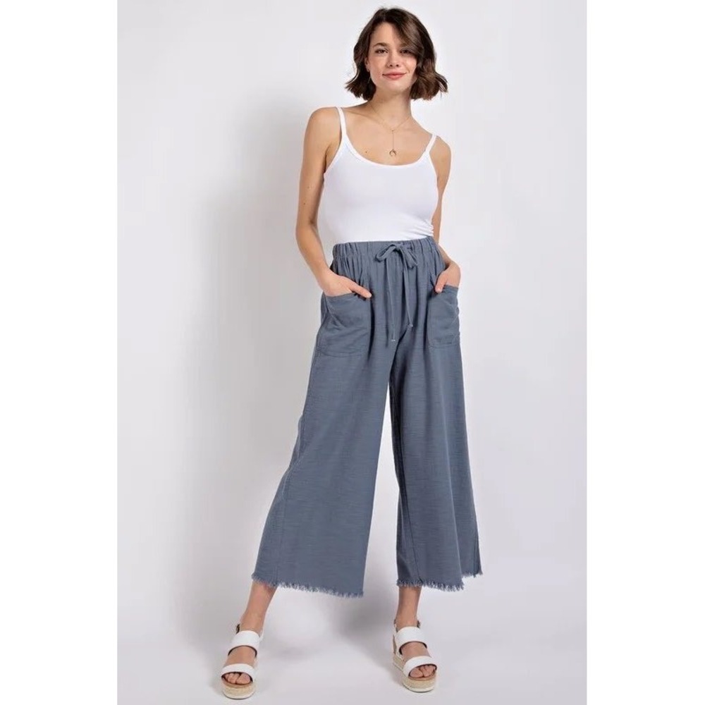 Gigio Plus Frayed Wide Leg Pants Blue Cotton Elastic Drawstring Waist XL